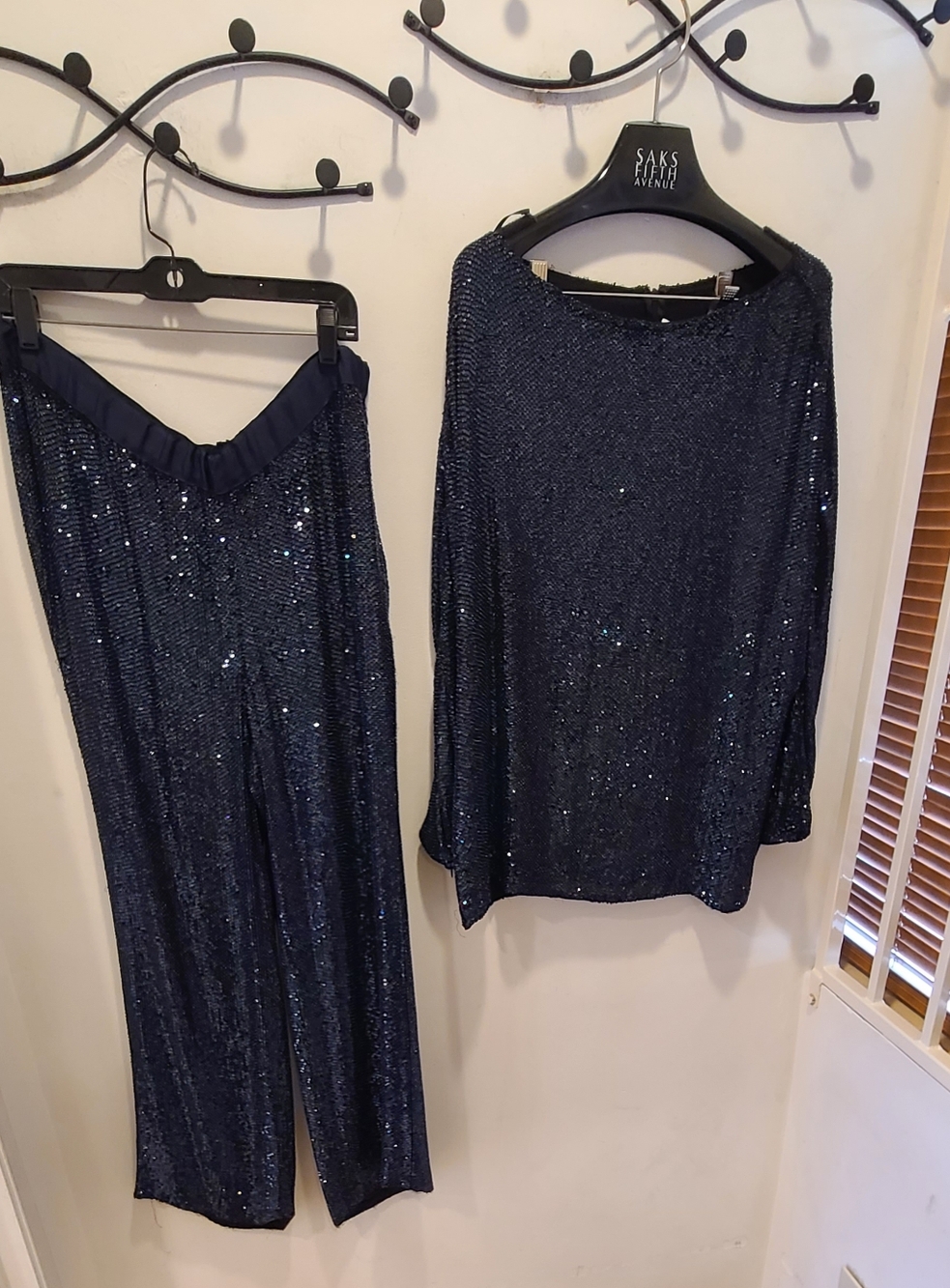 Naeem Khan Designer Navy Sequin Two-Piece Set - Sparkling Top & Wide Leg Pants